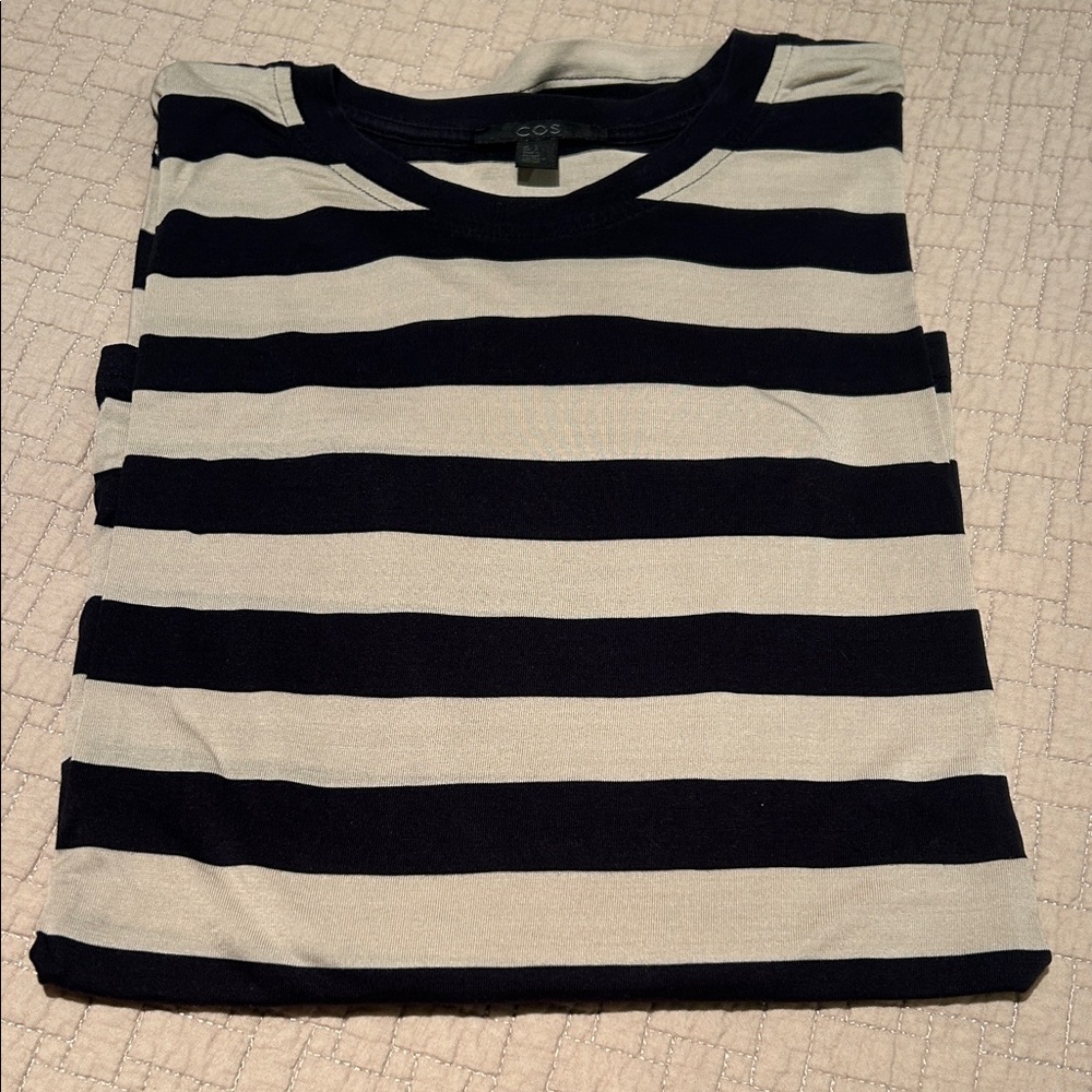COS Navy and Beige Striped Crewneck Long Sleeve Tee